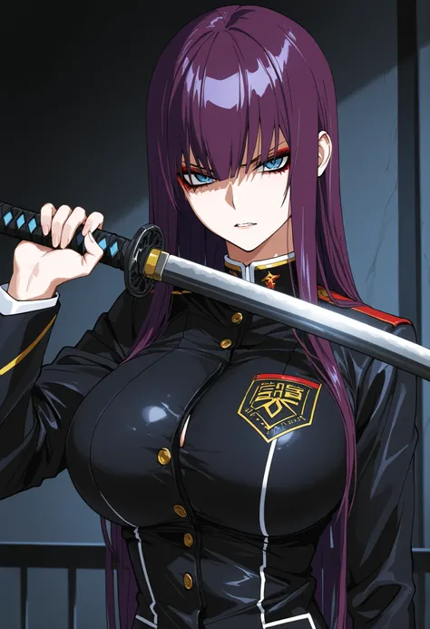 score_9, score_8_up, best quality, masterpiece, absurdres, source_anime, rating_explicit BREAK
((1girl)), (mascara, eyeliner), ((Blue eyes, Purple hair,straight Hair)), ((big breasts)), rndLyn, black suit uniform, holding katana, fierce, bloody, sharp eye...