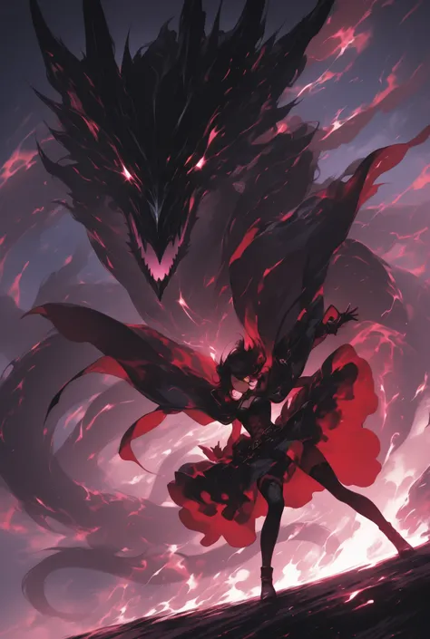 A dramatic anime-style illustration of a Chuunibyou girl in a dynamic pose, wearing an elaborate black and red gothic outfit with belts, eye patch over one glowing eye, and a magical-looking glove on one hand. Her expression is intense and over-the-top, as...