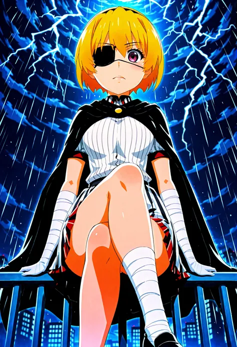 *"A lone figure,  satokoIllustrious, sits perched on the edge of a skyscraper railing, legs crossed in a casually dangerous pose, staring directly at the viewer with unsettling intensity. Her short blonde hair - cut in Satoko Hojo's signature style from Hi...