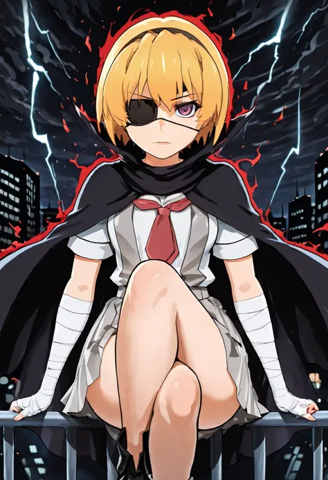 *"A lone figure, satokoIllustrious, sits perched on the edge of a skyscraper railing, legs crossed in a casually dangerous pose, staring directly at the viewer with unsettling intensity. Her short blonde hair - cut in Satoko Hojo's signature style from Hig...