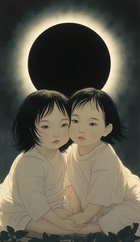 Create the image of two twin babies: a girl with black hair and green eyes and a boy with black hair and dark green eyes.. With a black and white solar eclipse in the background.