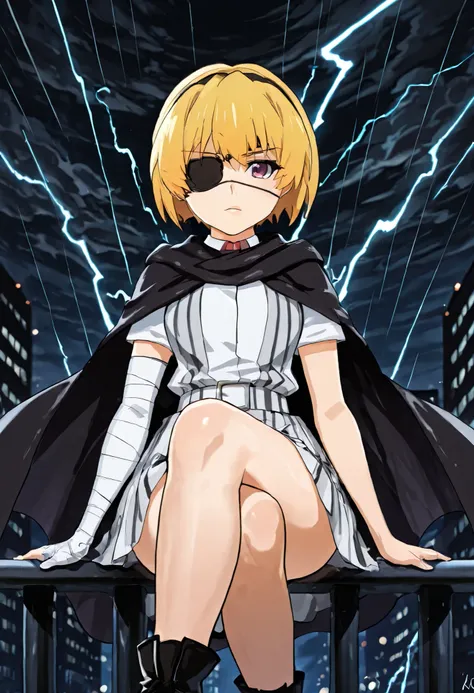 *"A lone figure, satokoIllustrious, sits perched on the edge of a skyscraper railing, legs crossed in a casually dangerous pose, staring directly at the viewer with unsettling intensity. simple black hairband, Her short blonde hair - cut in Satoko Hojo's s...
