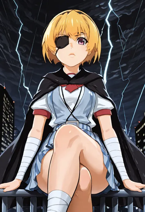 *"A lone figure, satokoIllustrious, sits perched on the edge of a skyscraper railing, legs crossed in a casually dangerous pose, staring directly at the viewer with unsettling intensity. simple black hairband, Her short blonde hair - cut in Satoko Hojo's s...