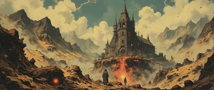 a scene seen from a drone, aerial view, a vast desert with arid mountains, in the middle of the scene, a dark cathedral, a black cathedral with small windows, it is very tall, and has gothic architecture, pointed roofs, the scene is seen from above, and it...