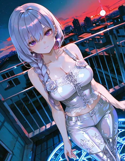 1 , , stands in the middle of the night, segment braid, Fair skin, cropped white lace gothic top, piercings, Beautifully detail purple eye, Long, shiny silver hair, HEALTHY SKIN TONES, Princess Cut,facing front, (perfect anatomy), (Big natural breasts), ...