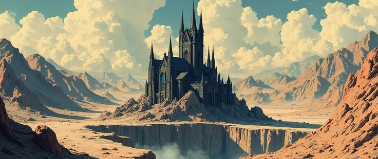 a scene seen from a drone, aerial view, a vast desert with arid mountains, in the middle of the scene, a dark cathedral, a black cathedral with small windows, it is very tall, and has gothic architecture, pointed roofs, the scene is seen from above, and it...