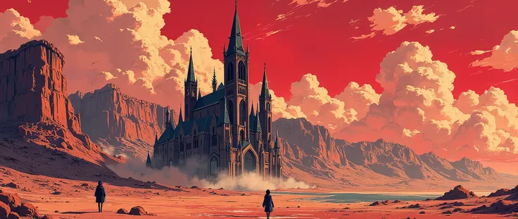 a scene seen from a drone, aerial view, a vast desert with arid mountains, in the middle of the scene, a dark cathedral, a black cathedral with small windows, it is very tall, and has gothic architecture, pointed roofs, the scene is seen from above, and it...