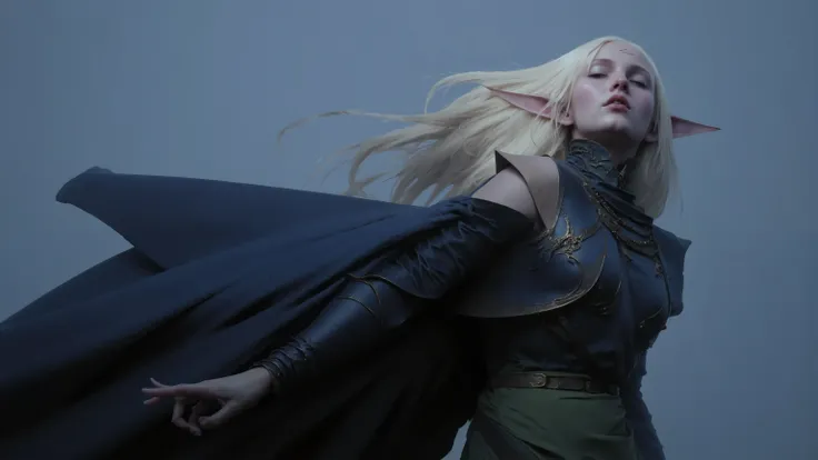 by Piotr Jabłoński.night，Upper body side portrait of a high-ranking elf woman，She has long light blond hair，fluttering to the side in the wind，Close eyes，The expression is calm and melancholy。She was wearing dark blue elf style armor with gold trim，and wor...