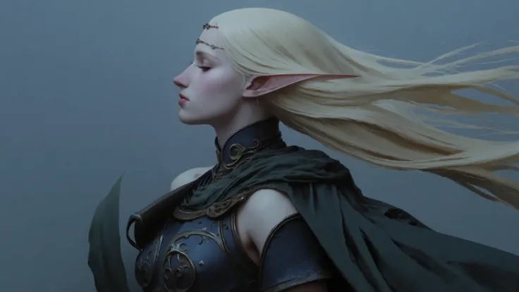 by Piotr Jabłoński.night，Upper body side portrait of a high-ranking elf woman，She has long light blond hair，fluttering to the side in the wind，Close eyes，The expression is calm and melancholy。She was wearing dark blue elf style armor with gold trim，and wor...