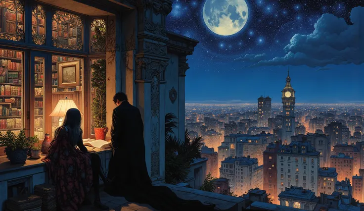 unique , Rooftop of a city, City, 　starry sky, halo,   , moon，， , long black hair in the library, ((Baltolome Style)),  darkness，SF, ((top quality, masterpiece)), (More Rights  , 高details),  8,000，canvas oil painting
 Her skin has a soft glow,  Extraordin...