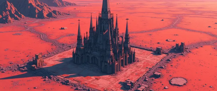 a scene seen from a drone, aerial view, a vast desert with arid mountains, in the middle of the scene, a dark cathedral, a black cathedral with small windows, it is very tall, and has gothic architecture, pointed roofs, the scene is seen from above, and it...