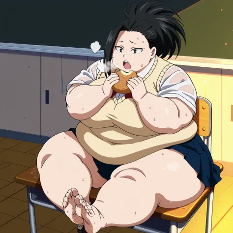 newest, anime coloring, anime screencap, Momo yaoyorozu, from above, classroom, blackboard, school uniform,, sitting fat, chubby, obese, gigantic arms and legs, large breasts open mouth, out of breath, eating food, showing feet, wet body, sweating,