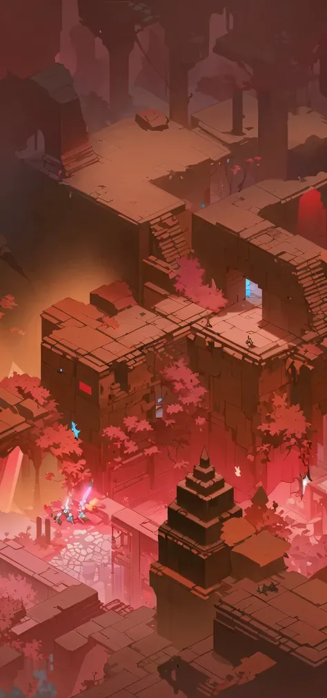 there is a picture of a city with a red light, hyperlight drifter, hyper light drifter, hyper light drifter color pallet, very coherent stylized artwork, wakfu colors + symmetry, style of duelyst, dead cells, indie game concept art, red gems scattered like...