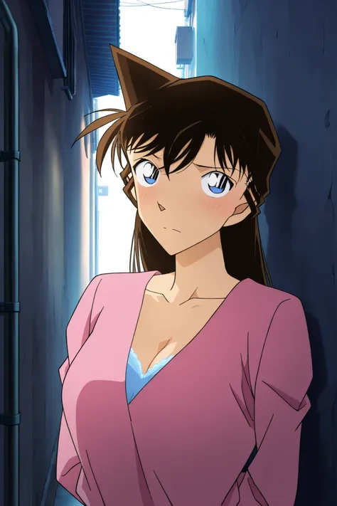masterpiece,Best Quality,{{beautiful face and eyes}}, very detailed background,
 Mouri Ran,long hair,brown hair,light blue eyes, being tortured in alley, bra peek, looking away