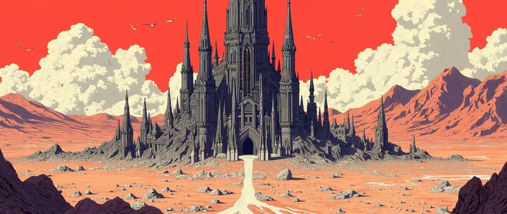 a scene seen from a drone, aerial view, a vast desert with arid mountains, in the middle of the scene, a dark cathedral, a black cathedral with small windows, it is very tall, and has gothic architecture, pointed roofs, the scene is seen from above, and it...