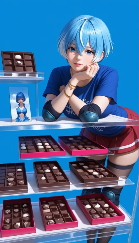 ((RAW Photo), Absurds, (Absurd Resolution)), ((Hyperrealism, Photorealistic)), (beautiful girl, 23 years old), (aquamarine blue hair with white highlights), (Instructor, Chuunibyou, Kind, stockings), (outfit: pink underwear, red miniskirt, royal blue t-shi...