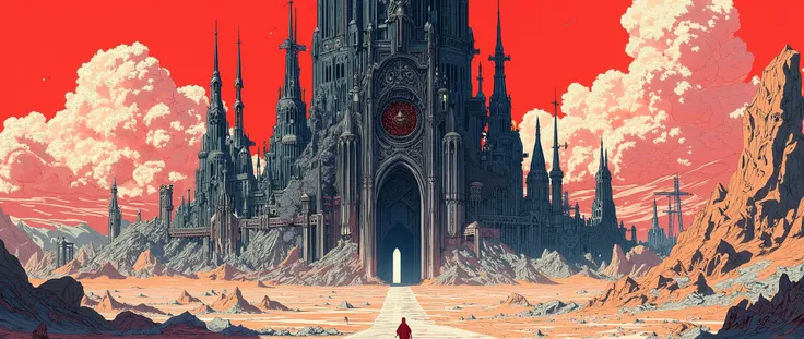 low angle scene, from the ground, view from the ground, a vast desert with arid mountains, in the middle of the scene, a dark cathedral, black cathedral with small windows, it is very tall, and has gothic architecture, pointed roofs, the scene is seen from...