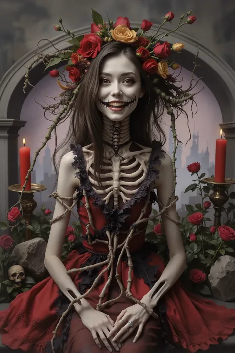 Ultra-realistic, photo-realistic, iconic character, cinematic photography, realistic, hyperrealistic, icon style. A striking figure with an intricately elongated and skeletal neck creates a dramatic and surreal impression. The skin is pale, almost ghostly...