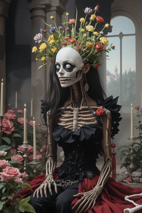 Ultra-realistic, photo-realistic, iconic character, cinematic photography, realistic, hyperrealistic, icon style. A striking figure with an intricately elongated and skeletal neck creates a dramatic and surreal impression. The skin is pale, almost ghostly...