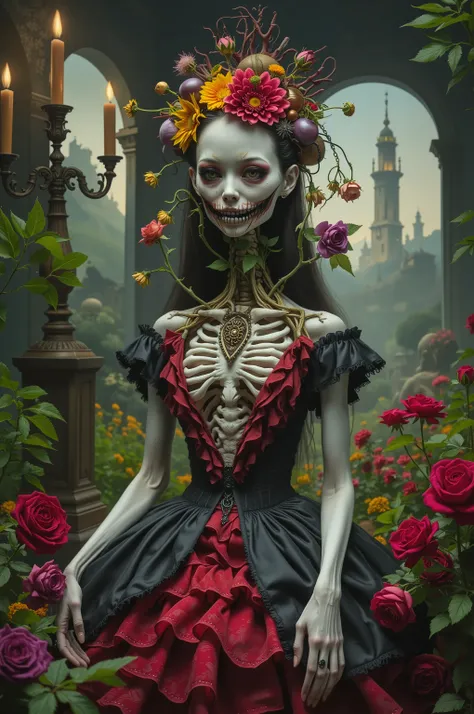 Dark fantasy, ultra-realistic, photo-realistic, cinematic photography, realistic, hyperrealistic. A striking figure with an intricately elongated and skeletal neck creates a dramatic and surreal impression. The skin is pale, almost ghostly, stretching ov...