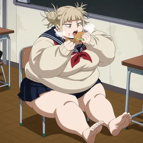 newest, anime coloring, anime screencap, Himiko Toga, , classroom, blackboard, school uniform,, sitting fat, chubby, obese, gigantic arms and legs, large breasts open mouth, out of breath, eating food, showing feet, from above, , table, chair, 