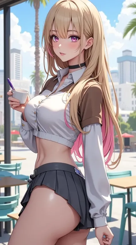  (masterpiece,  computer, mejor quality,  Clear focus, shadow, anime-style, ultra high resolution, 8K, perfect anatomy, rostro perfecto, (detailed face), (  Detailed eye  ), score_9, score_8_above, score_7_above, score_6_above, score_5_above, score_4_above,  source _animated, Label 1, Label2, quality_masterpiece, Anatomically correct, beautiful face, rostro perfecto, Beautiful and highly detailed face and eyes, Attractive face, detailed face, delicate facial features, detailed skin, huge breasts, breast size cup D or DD, black leather, gigantic butt, thick thighs. looking at the viewer. Anime-style illustration of a beautiful woman with an elegant and sensual look. Young anime-style woman with attractive and modern appearance, in an urban scene during the day. has fair skin, big and bright fuchsia eyes, and rosy cheeks. Her long blond hair with pink-dyed tips falls on her shoulders and back. She wears several piercings in her left ear and a black choker-type necklace with a metal hoop. a white blouse tight and half-open with modern details: Long sleeve only on one arm, while the other is uncovered showing his bare shoulder and arm. Underneath the blouse she wears a tight brown top. } Your outfit includes a Scottish design miniskirt in shades of gray in the shape of a high-cut short, very tight, with a ribbon tied to the front. On his right wrist he wears a blue beaded bracelet with a pendant pendant. Holds a white cup in his left hand and a pen in his right, as if I were working or writing. The background shows an outdoor cafe with tables and chairs, tall buildings, blue sky and palm trees, suggesting a tropical and modern urban environment. The artistic style is hyperrealistic anime, con shadows suaves, bright colors and attention to detail in textures and expressions.