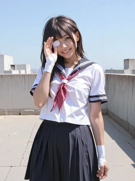 bandaged_consept.,sailorfuku,detailed hands,japanese school uniform,Detailed hands, cute Japanese female middle school student , A woman stands on a rooftop wearing an adorable uniform while wrapping a white medical bandage around her right hand. Her left ...