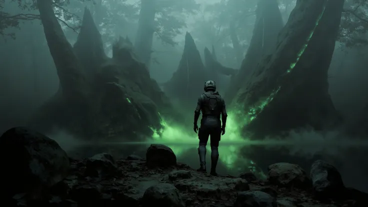 Characters stand in a foggy forest, and a lonely shallow body of water reflecting ghostly rays. That person's, wearing dark tactical gear, ,equipped with helmets and sophisticated tools or weapons, facing similar tall buildings les warped, alien sculls tha...