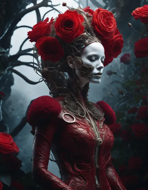 Ultra-realistic, photo-realistic, cinematic photography, realistic, hyperrealistic.   A striking figure with an intricately elongated and skeletal body that creates a dramatic and surreal impression. The skin is pale, almost ghostly, stretching over the si...