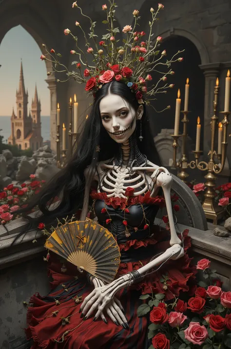 Ultra-realistic, photo-realistic, iconic character, cinematic photography, realistic, hyperrealistic, icon style. A striking figure with an intricately elongated and skeletal neck creates a dramatic and surreal impression. The skin is pale, almost ghostly...