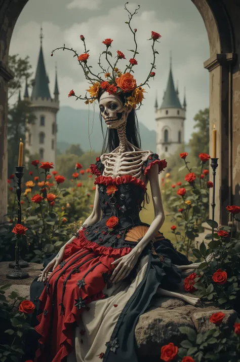 Ultra-realistic, photo-realistic, iconic character, cinematic photography, realistic, hyperrealistic, icon style. A striking figure with an intricately elongated and skeletal neck creates a dramatic and surreal impression. The skin is pale, almost ghostly...