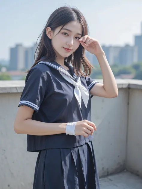 bandaged_consept.,sailorfuku,detailed hands,japanese school uniform,Detailed hands, cute Japanese female middle school student , A woman stands on a rooftop wearing an adorable uniform while wrapping a white medical bandage around her right hand. Her left ...
