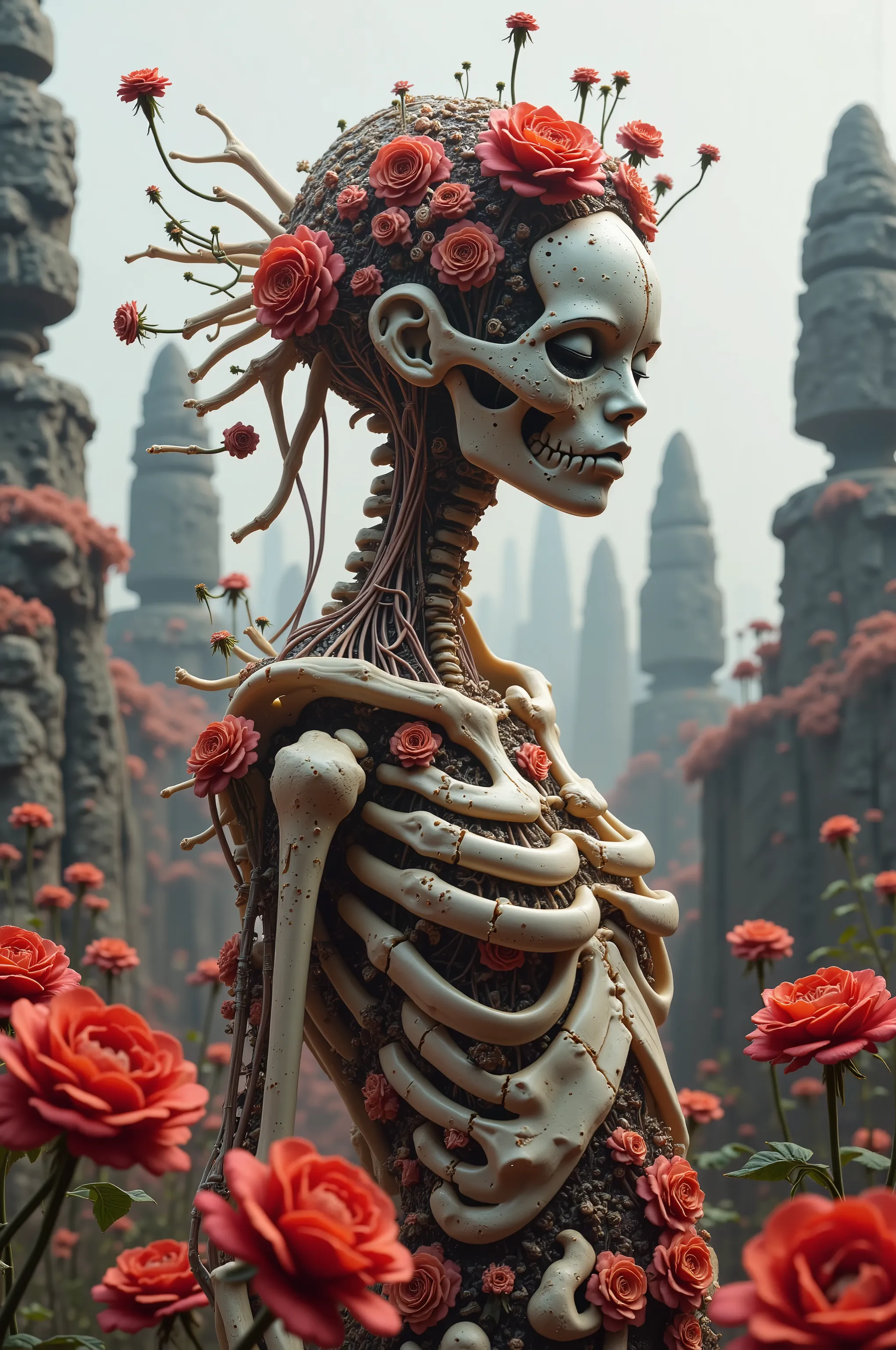 Ultra-realistic, photo-realistic, cinematic photography, realistic, hyperrealistic.   A striking figure with an intricately elongated and skeletal body that creates a dramatic and surreal impression. The skin is pale, almost ghostly, stretching over the si...