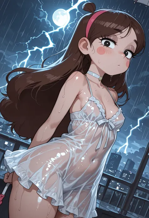 Mabel Pines, blush stickers, brown hair. black eyes. half-closed eyes, small breasts, huge hips. long eyelashes, choker. | transparent nightgown, terrace, umbrella open, raining, lightning, thunder, lightning, lightning, body wet, glittering cityscape, tak...