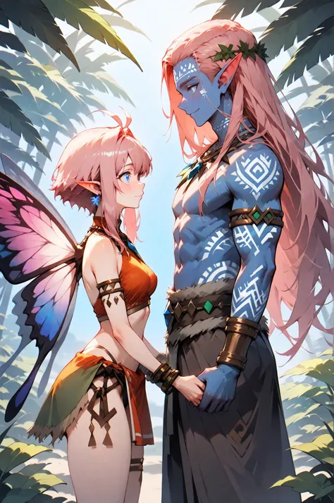 
masterpiece, best quality, amazing quality, very aesthetic, high resolution, newest, hyper-detailed, (long shot), couple holding hands [FAIRYS],gentle smile; mature man ( pink hair, short hair, short bang hair, butterfly wings, blue color skin, tribal clo...