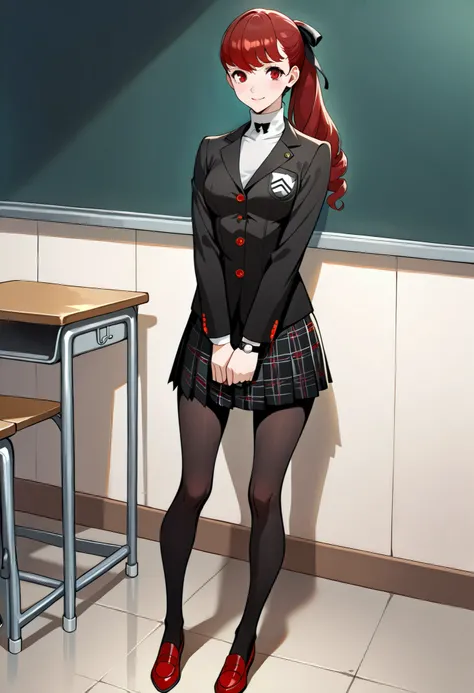 score_9, score_8_up, Source_Anime, 
solo, cute face,
p5yoshizawa, long hair, Red hair, Bang, ponytails, Red hair bow,
p5yoshizawa-winuni, school uniform, white turtleneck , black bow tie, black jacket, Red Button, plaid skirt, pleated skirt, black pantyhos...