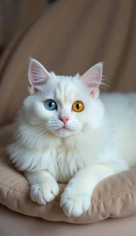 beautiful white Persian cat, with one blue and one yellow eye, lying on a cushion, looking at the camera. 