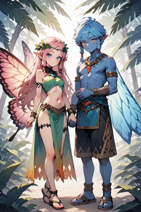 
masterpiece, best quality, amazing quality, very aesthetic, high resolution, newest, hyper-detailed, (long shot), couple holding hands ((fairys)),gentle smile; mature man blue hair, short hair, short bang hair, ((butterfly wings)), ((Elf ears)) blue skin,...