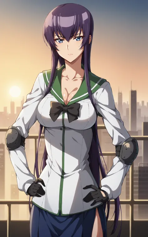 score_9, score_8_up, score_7_up, looking at viewer,  BREAK
MainOutfit_SaekoBusujima_ownwaifu, 
1girl, blue eyes, hair between eyes, long hair, purple hair, very long hair, large breasts,  collarbone, bangs, sidelocks, 
black bow, black skirt, green sailor ...