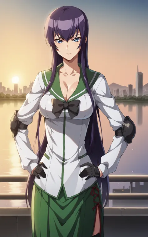 score_9, score_8_up, score_7_up, looking at viewer,  BREAK
MainOutfit_SaekoBusujima_ownwaifu, 
1girl, blue eyes, hair between eyes, long hair, purple hair, very long hair, large breasts,  collarbone, bangs, sidelocks, 
black bow, black skirt, green sailor ...