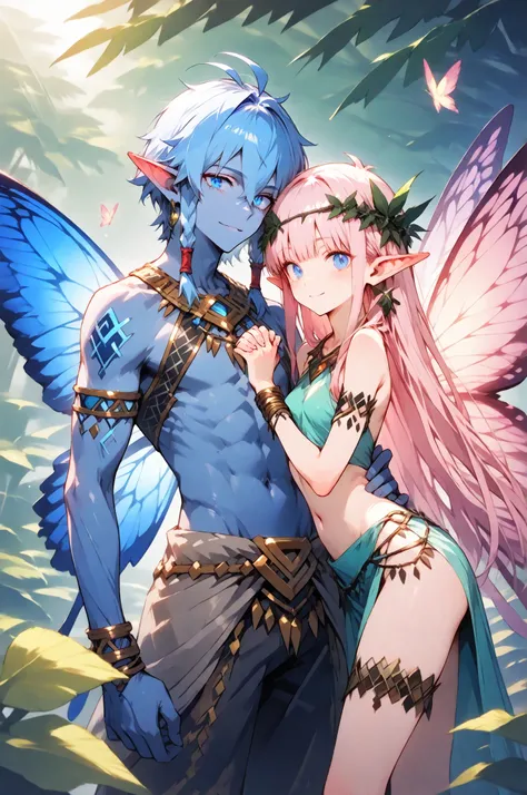 
masterpiece, best quality, amazing quality, very aesthetic, high resolution, newest, hyper-detailed, (long shot), couple holding hands ((fairys)),gentle smile; mature man blue hair, short hair, short bang hair, ((butterfly wings)), ((Elf ears)) blue skin,...