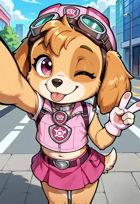 score_9, score_8_up, score_8, 1girl, source_cartoon, source_furry, skyepp, dog, furry, toddler, skye, paw patrol, cute face, one eye closed, tongue out, 4 fingers, v, standing, ((goggles, pink pilot hat, Skye collar, pink top, midriff, pink mini skirt)), s...