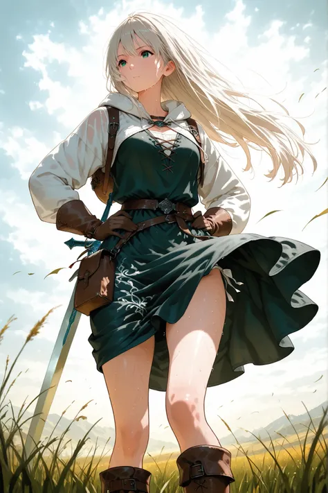 傑作, 8k, fantasy world, female character, 1girl, high detailed black cotton tunic, (wind blows skirt up:1.5), glove, boots, slender body, medium chest, white long with hoodie, long hairstyle, thin blond hair, many items, cinematic lighting, dramatic atmosph...