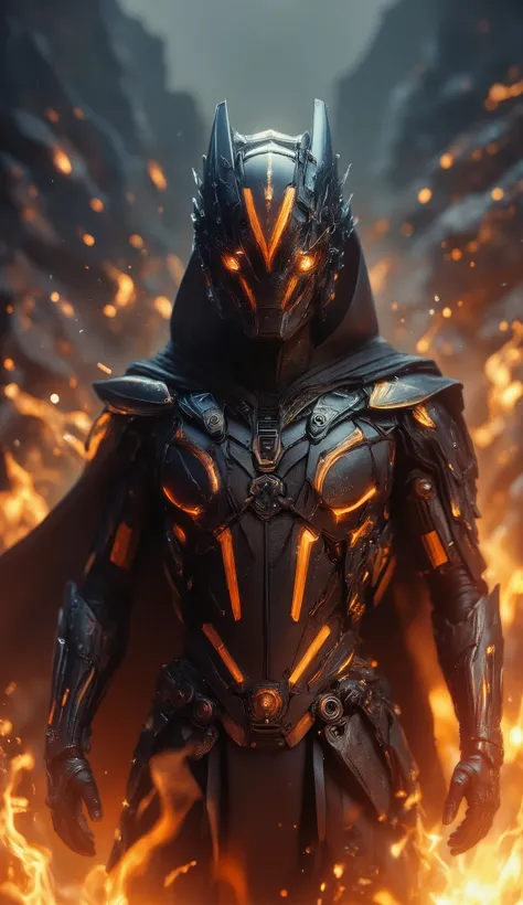 A futuristic cyberwarrior in a dark, armored suit with bright orange energy lines, with a hood. His helmet is elegant, seeds, and without distinctive features except the intense orange lights that form angular patterns. The environment is full of fire and ...