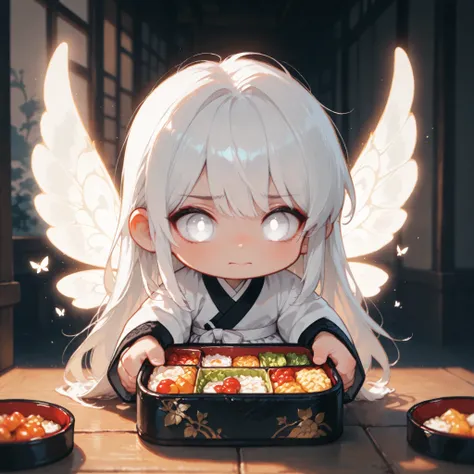 (masterpiece, high quality, ultra-detailed), chibi, solo, 1 boy, close-up, cinematic lighting, dramatic,
male fairy, handsome, long hair, hip-length hair, white hair, white eyes with black outlines, detailed eyes, soft smile, traditional korean male outfi...