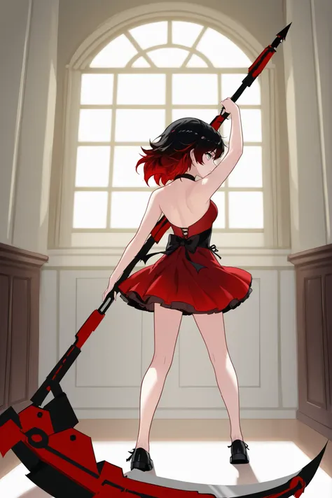 RWBY, Anime style RubyR0se, 1girl, black hair, red hair, two tone hair, silver eyes, red sleeveless dress, bare shoulders, black shoes, black ribbon, holding scythe, dynamic pose, school dance interior