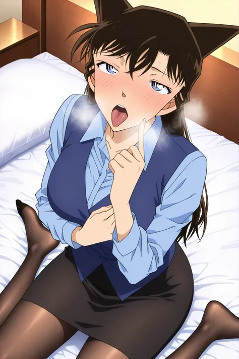 masterpiece,Best Quality,{{beautiful face and eyes}}, very detailed background,
solo, Mouri Ran,long hair,brown hair,light blue eyes, bank teller, black skirt, bow, long sleeves, pantyhose, blue shirt, skirt, vest, tongue out,very embarrassing , blush , s...