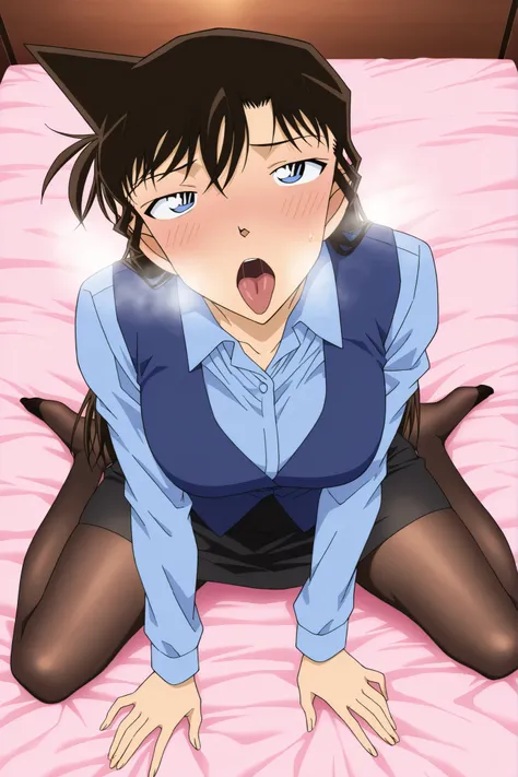 masterpiece,Best Quality,{{beautiful face and eyes}}, very detailed background,
solo, Mouri Ran,long hair,brown hair,light blue eyes, bank teller, black skirt, bow, long sleeves, pantyhose, blue shirt, skirt, vest, tongue out,very embarrassing , blush , s...