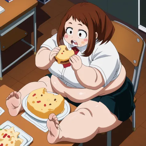 newest, anime coloring, anime screencap, Ochako Uraraka, , classroom, blackboard, school uniform,, sitting fat, chubby, obese, gigantic arms and legs, large breasts open mouth, out of breath, eating food, in front of tones of food, showing feet, from above...