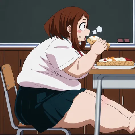 newest, anime coloring, anime screencap, Ochako Uraraka, , classroom, blackboard, school uniform,, sitting fat, chubby, obese, gigantic arms and legs, large breasts open mouth, out of breath, eating food, in front of tones of food, showing feet, from side,...